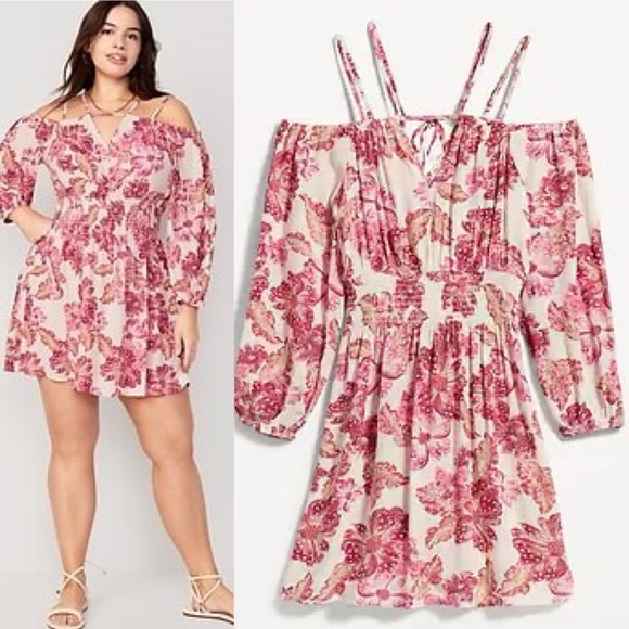 Old Navy Dresses & Skirts - E Old Navy M Pink Floral Print Smocked Waist Cold Shoulder Cutout Mini Dress
